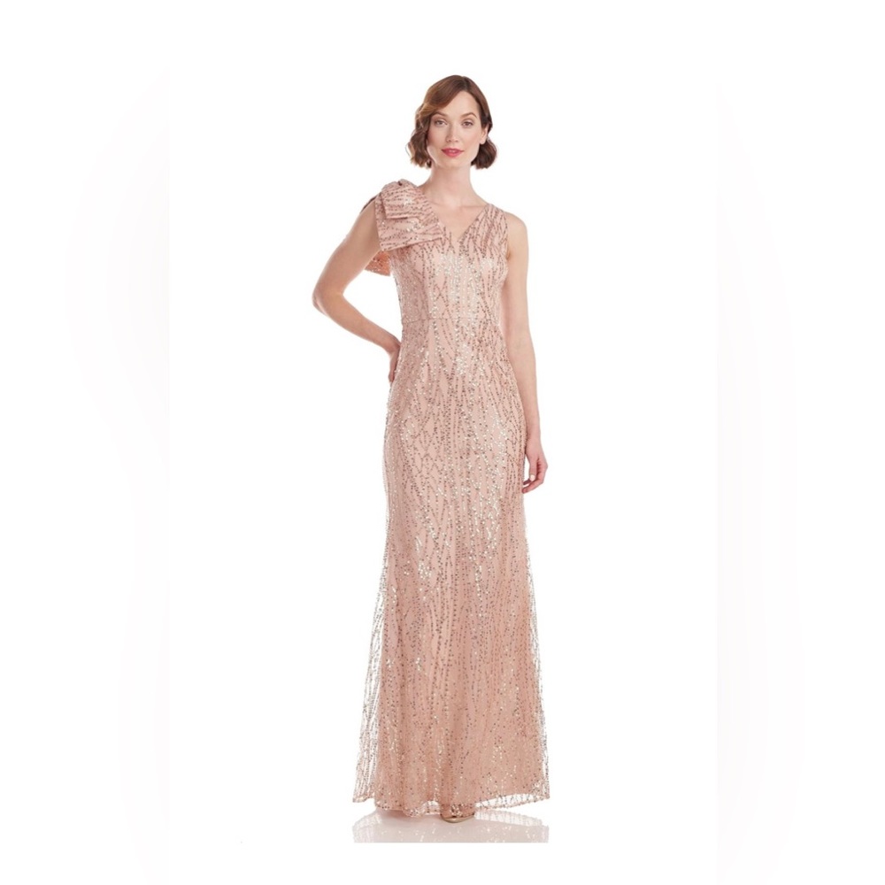 NWT JS Collections Gold Sequin Dakota Bow Mermaid Full Length Gown, size 10